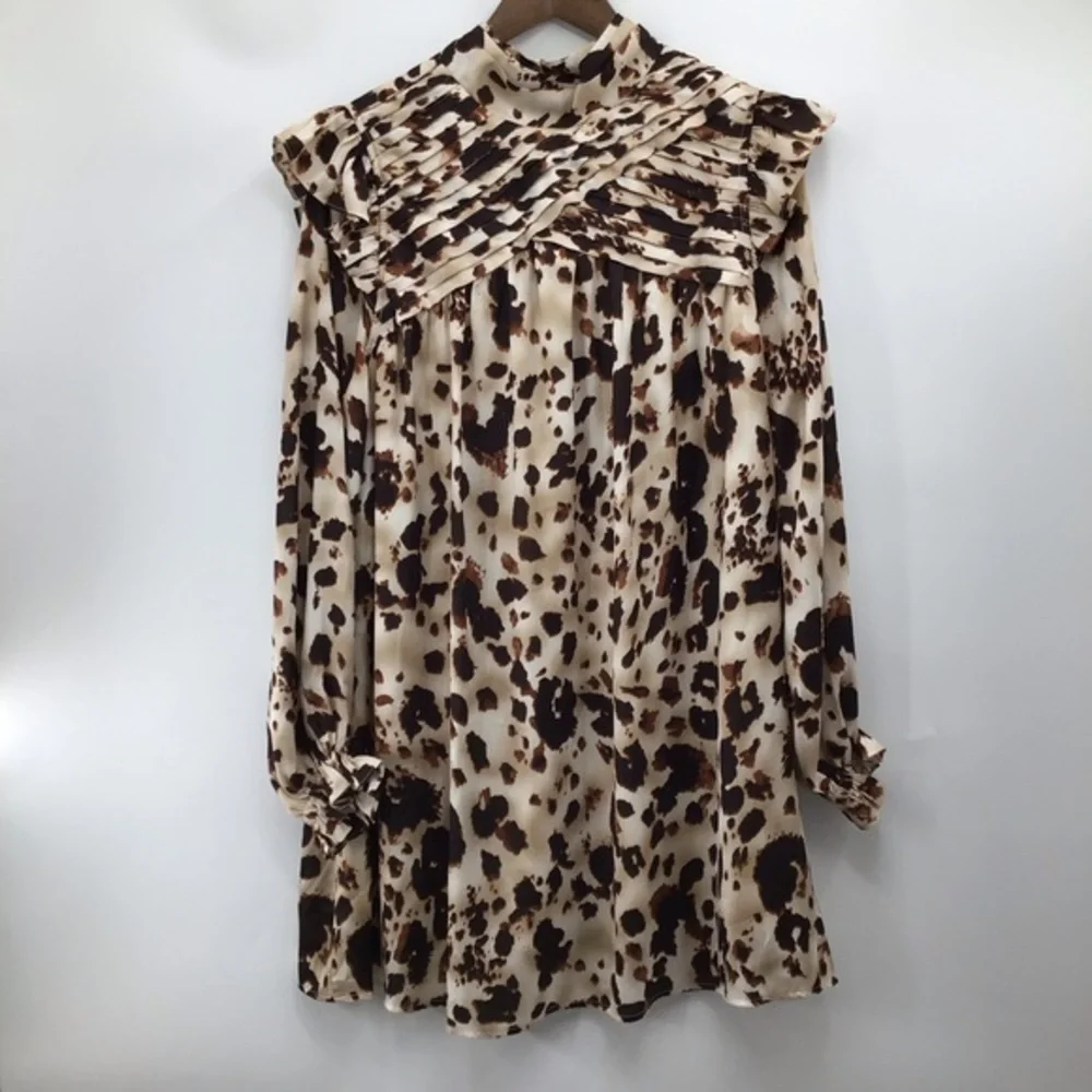 Entro Cow Print Ruffled Long Sleeve Mini Dress - Picture 2 of 16